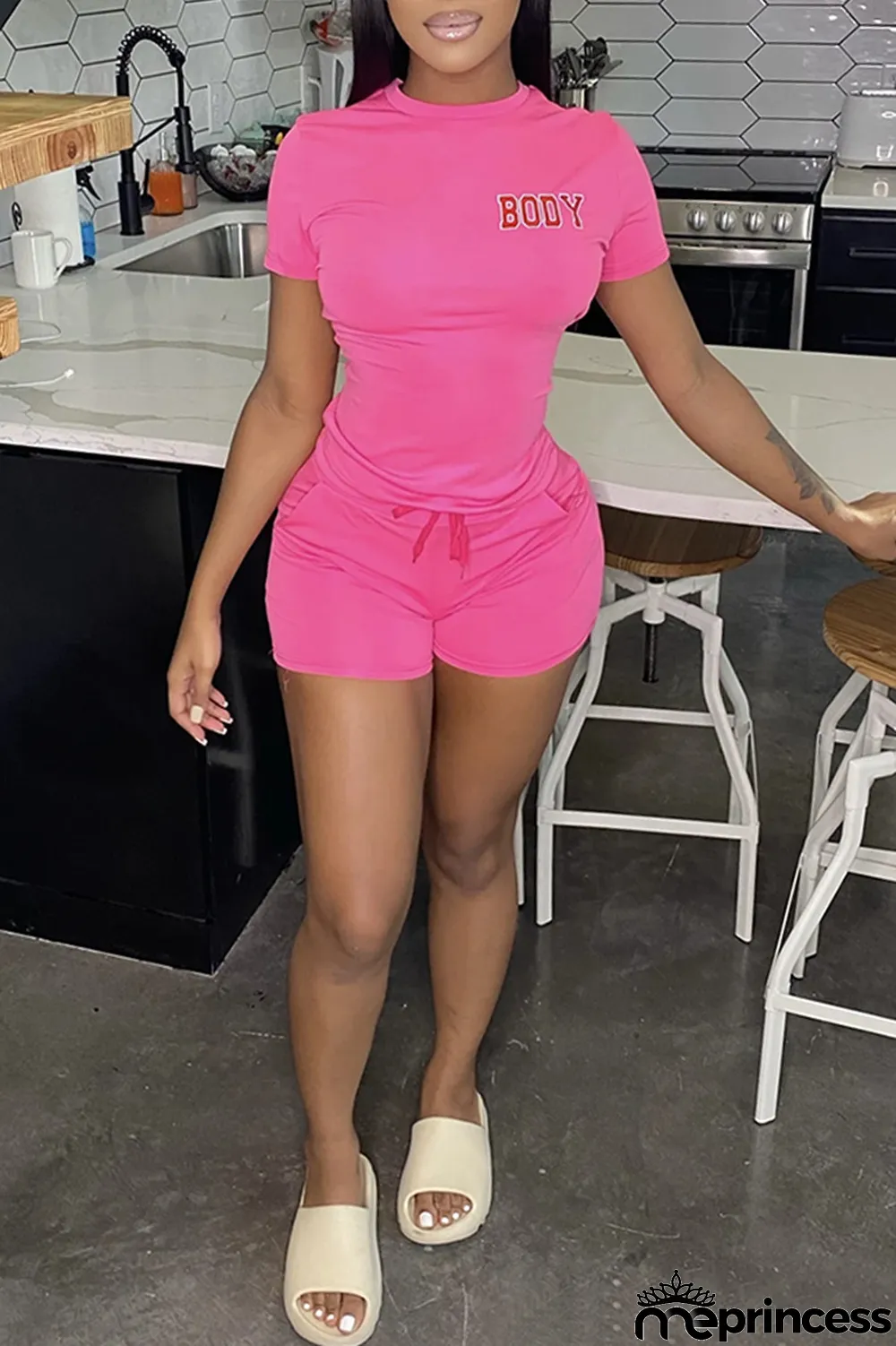 Black Fashion Casual Letter Print Basic O Neck Short Sleeve Two Pieces