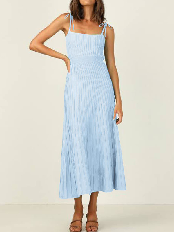 Mature Women Summer New Sling Fashion Solid Color High Waist Wide Swing Knitted Dress