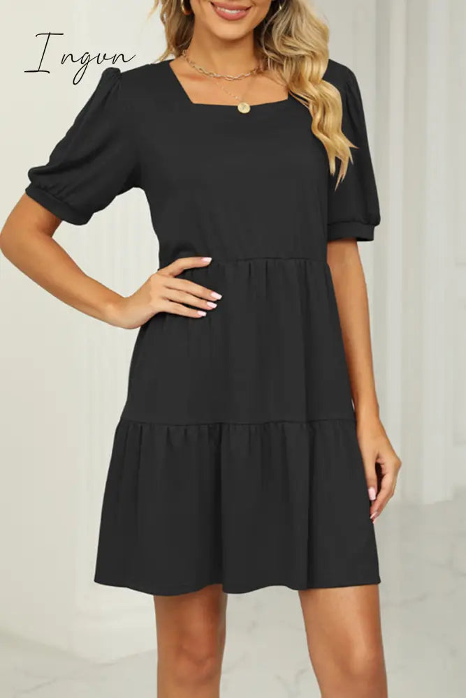 Ingvn - Casual Solid Fold Square Collar A Line Dresses Black / S Dresses/Casual