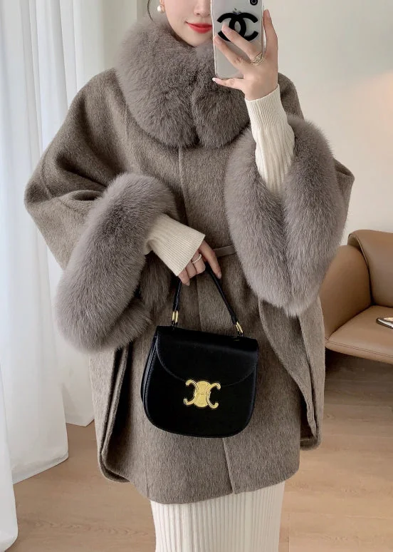 Plus Size Grey Fox Collar Pockets Leather And Fur Coats Winter