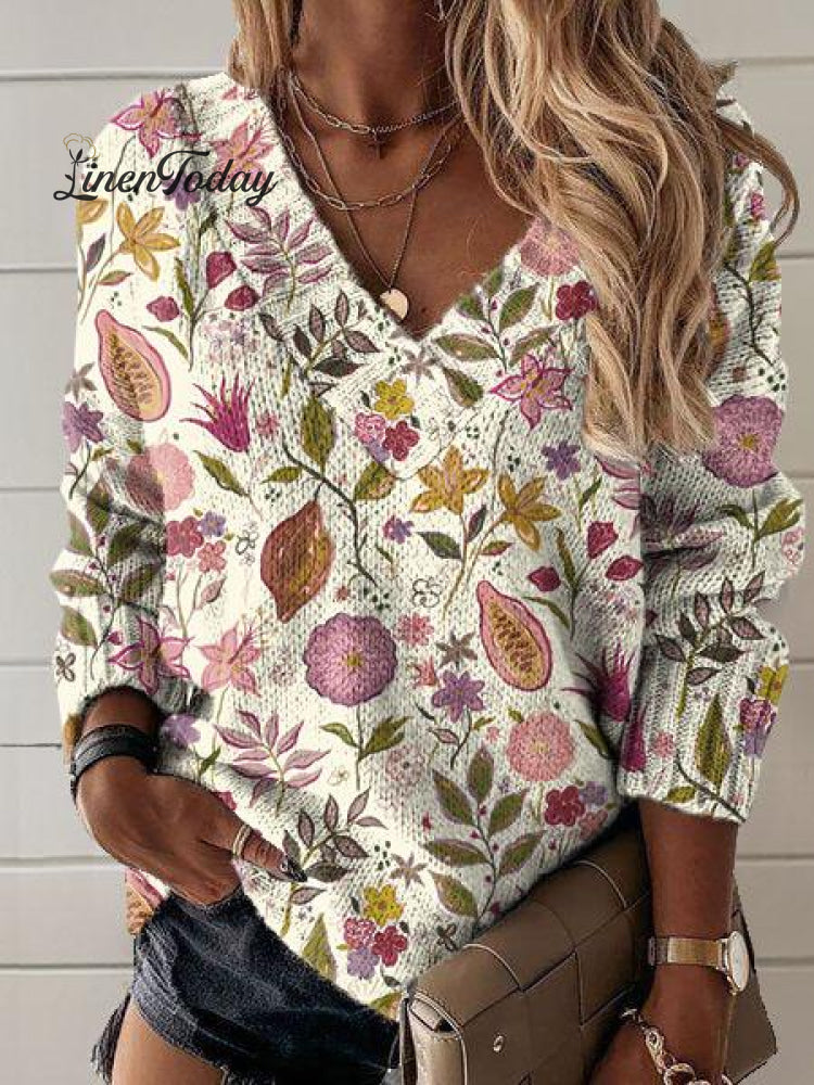 Floral Art Print Knit V-Neck Pullover Sweater Multicolor / S
