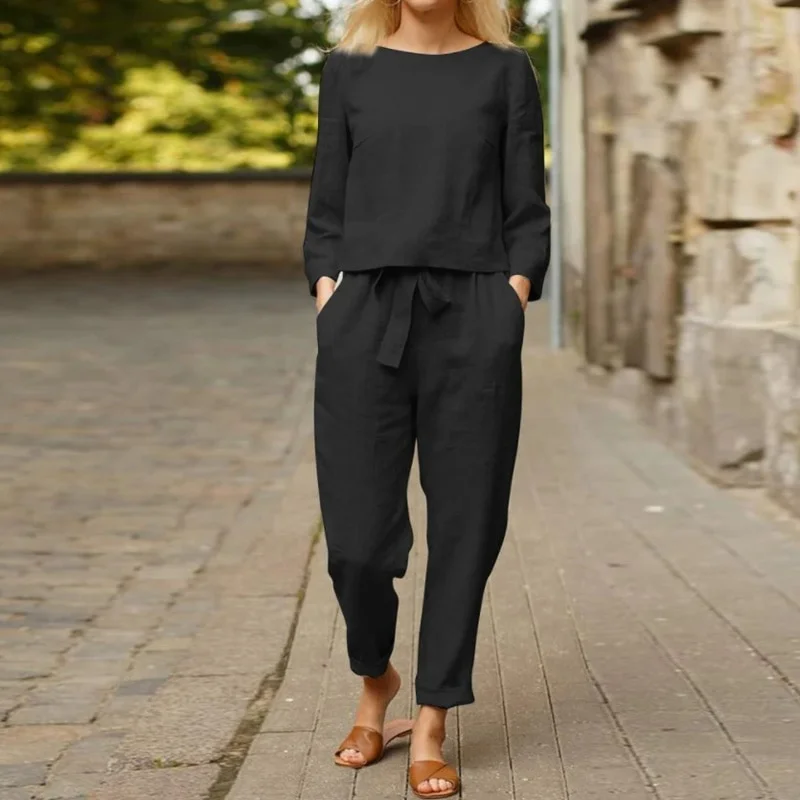 Round Neck Top and Drawstring Pants Two-piece Set