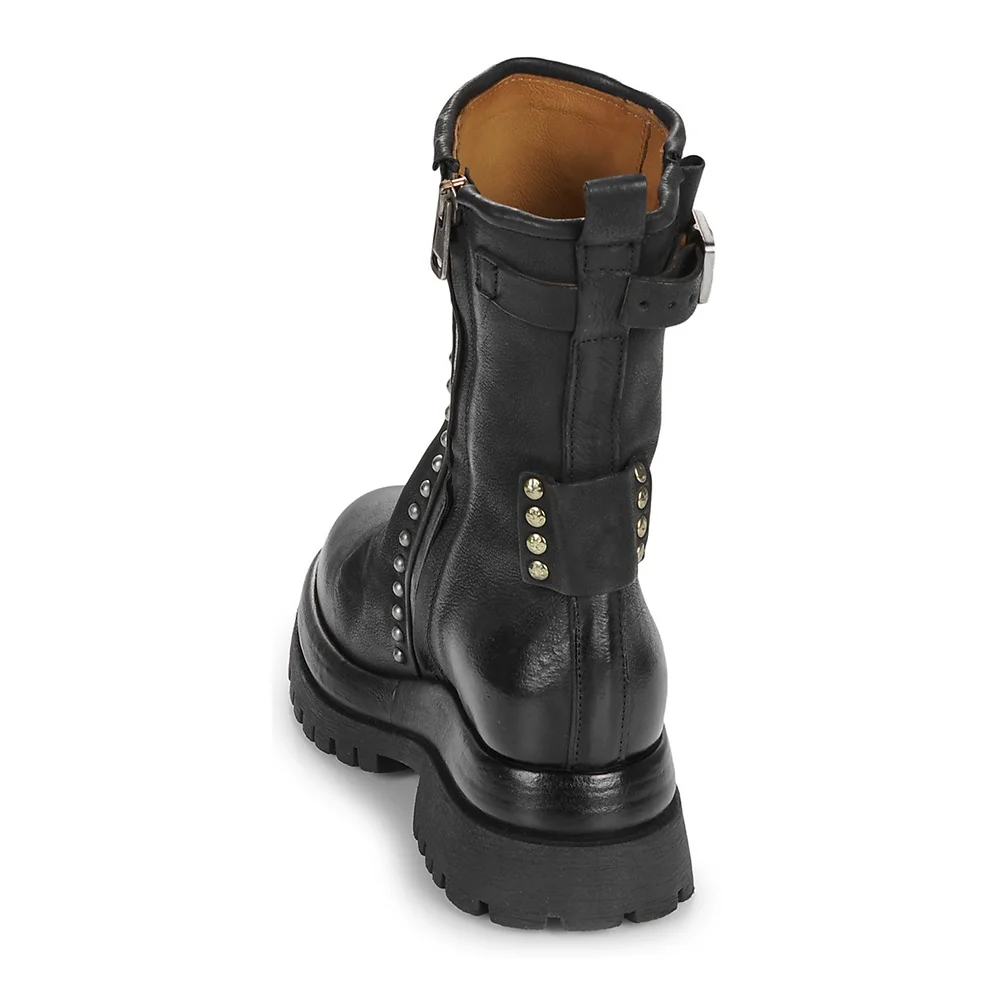Black Round Toe Studded Zipper Heeled Ankle Boots with Buckle Strap