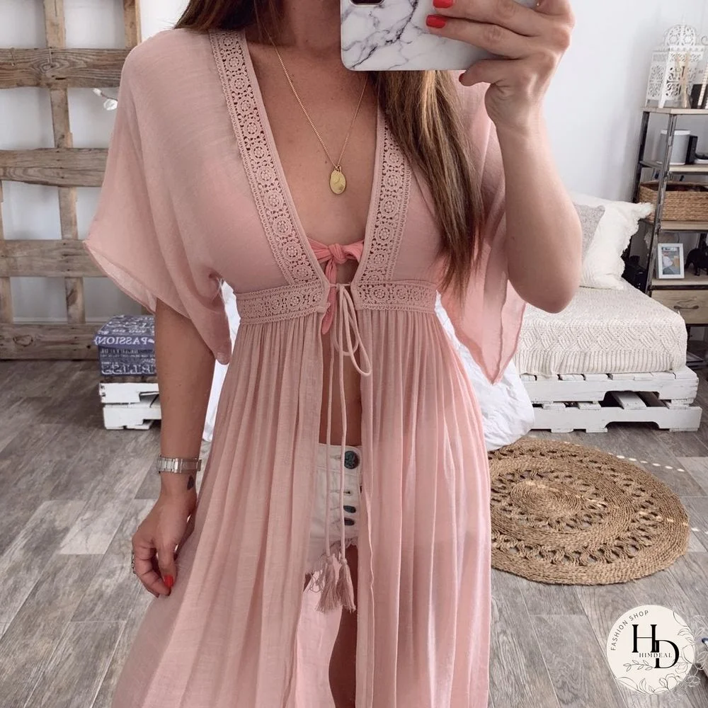 Summer Lace Cardigan Solid Color Holiday Style Dress Long Skirt