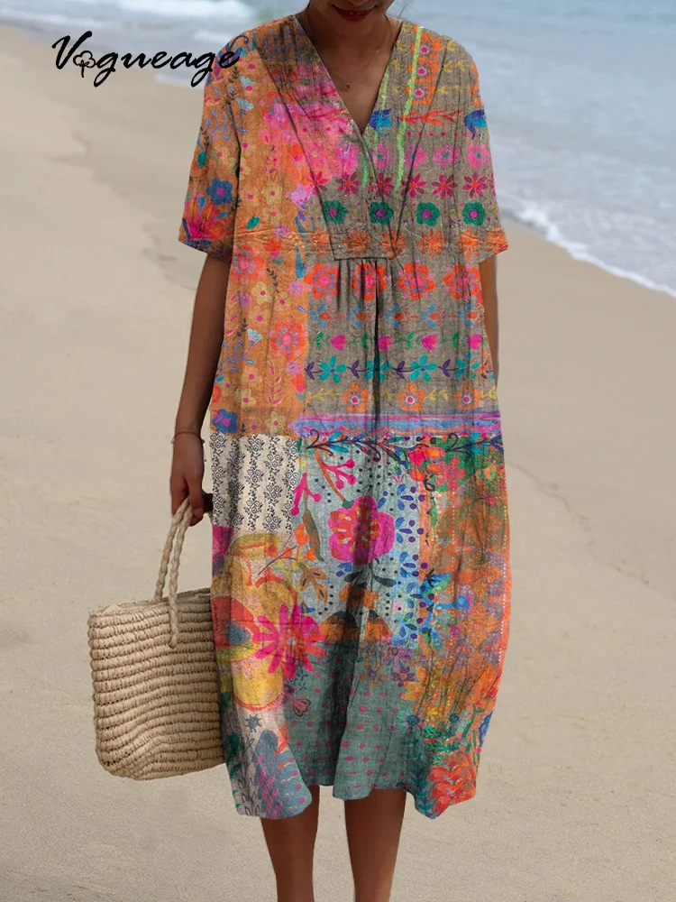 Retro Elegant Floral Plant Pattern Printed Women's Casual Cotton And Linen Dress