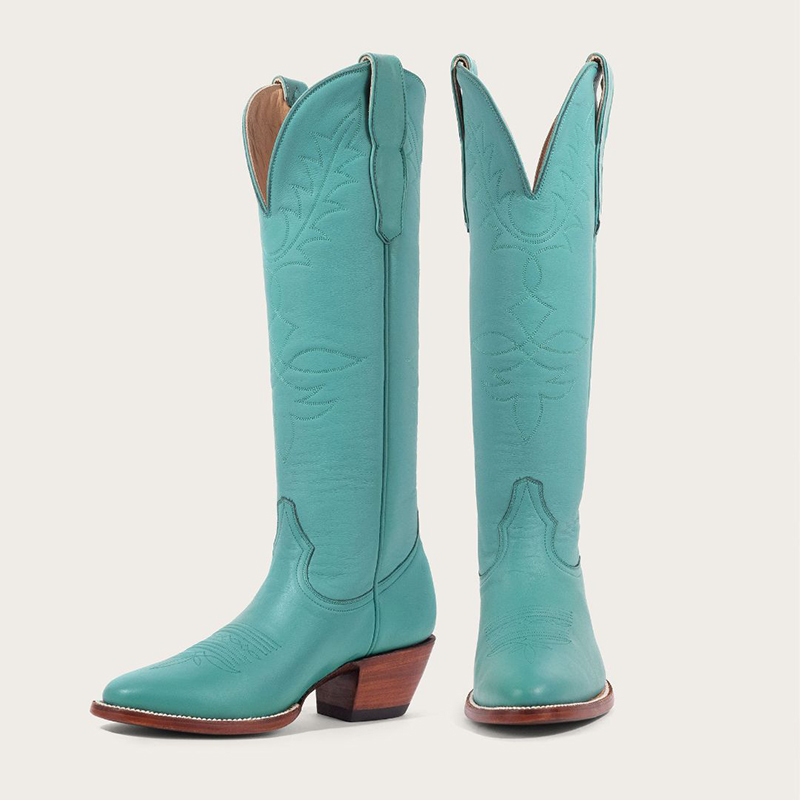 Turquoise Stitching Almond Toe Chunky Heel Knee-High Cowgirl Boots Nicepairs