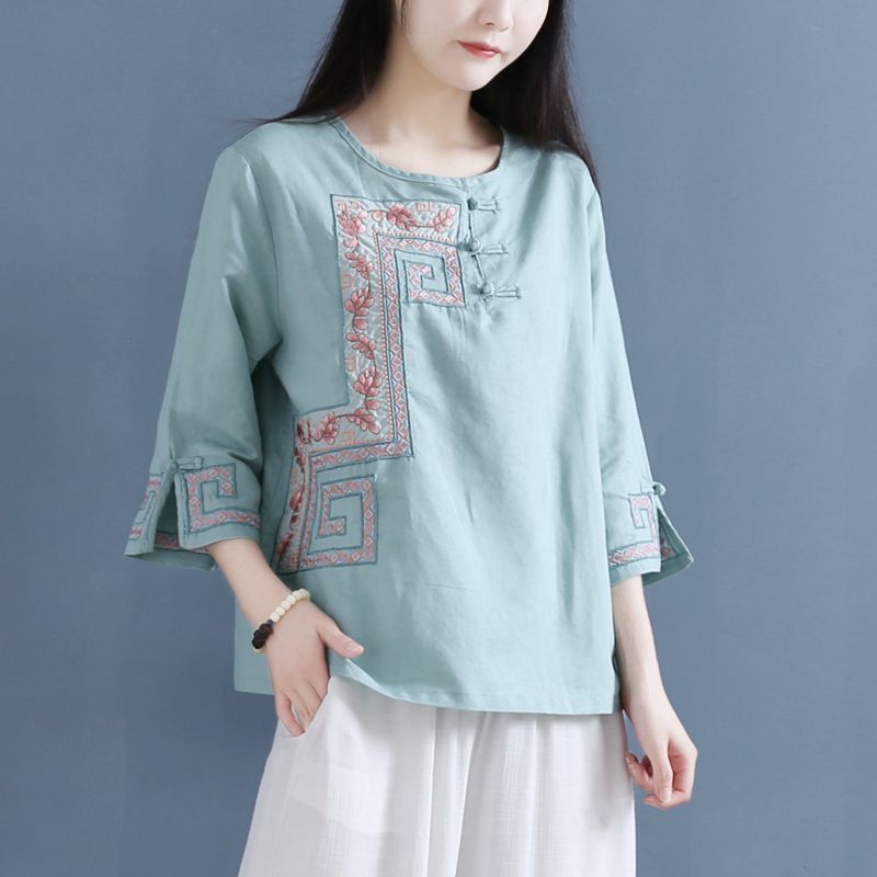 Retro Buttoned Linen Cotton Crew Neck Embroidered Shirts