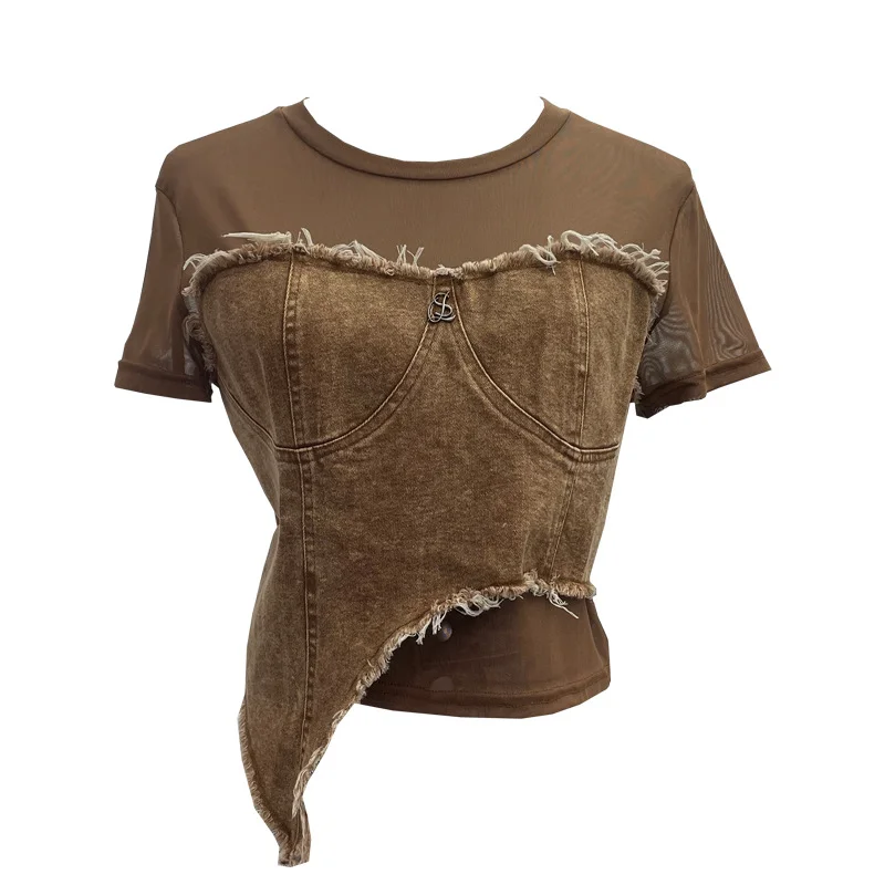 Uveng Solid Shooting Denim Splicing Mesh Yarn Short-Sleeved T-Shirt Summer Dress Irregularly Short High-Waist Repair Body Coat 26171