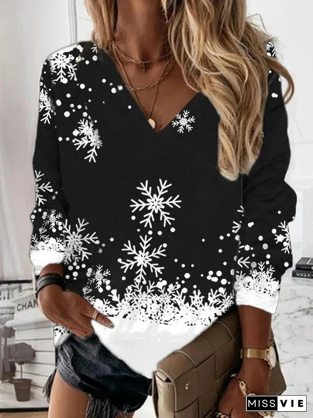 V Neck Leisure Snowflake Top