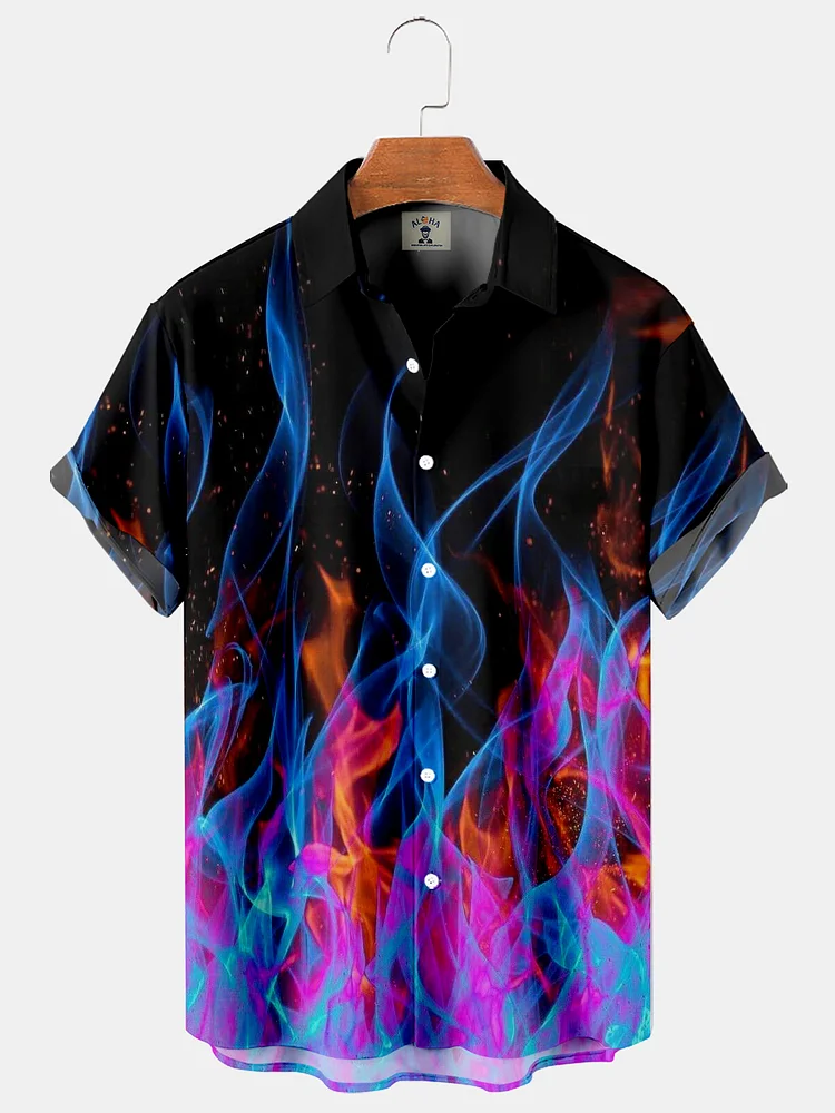 Trendy Flame Print Pocket Short Sleeve Shirt
