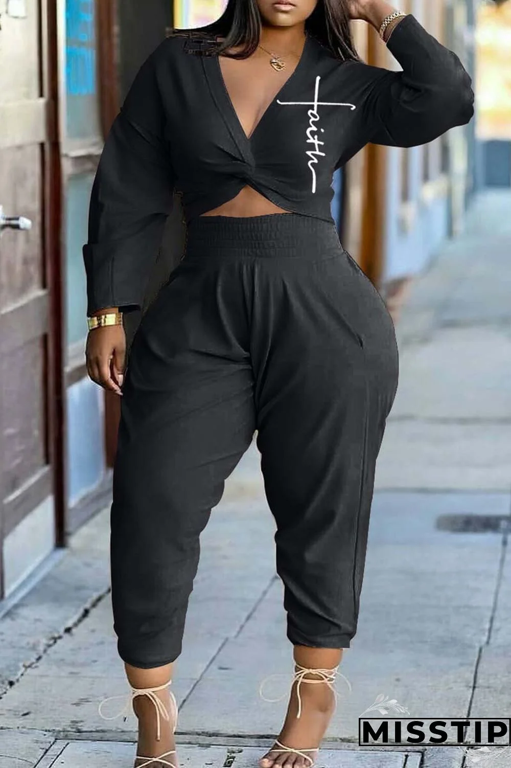 Beige Casual Print Patchwork V Neck Long Sleeve Two Pieces