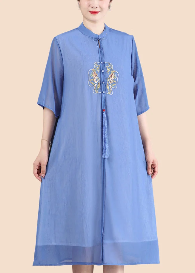Plus Size Blue Tasseled Button Patchwork Dresses Summer