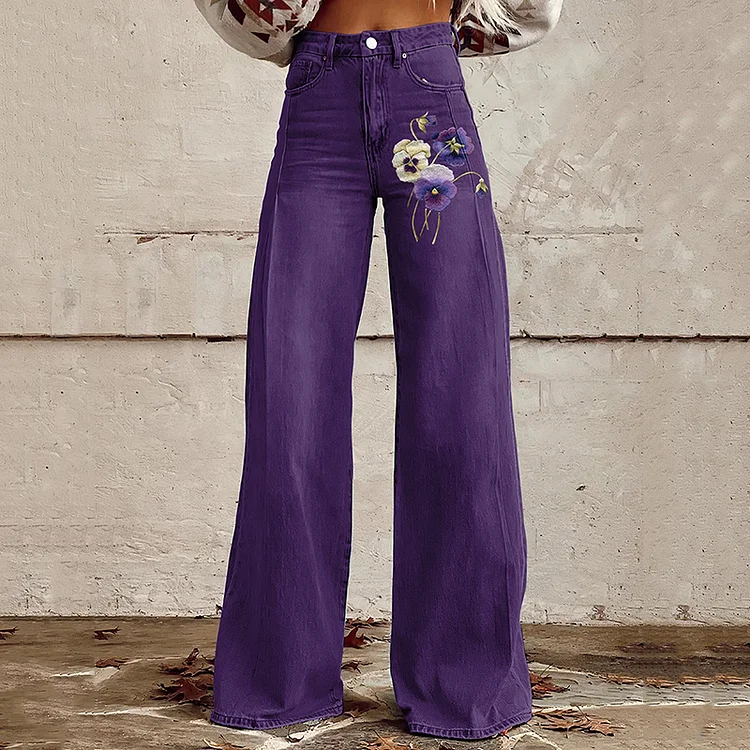 Women's Vintage Purple Floral Print Casual Wide Leg Jeans