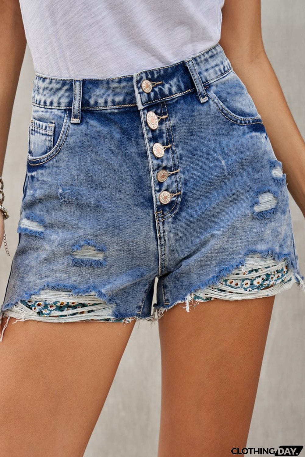 Splicing Button Fly Distressed Denim Shorts