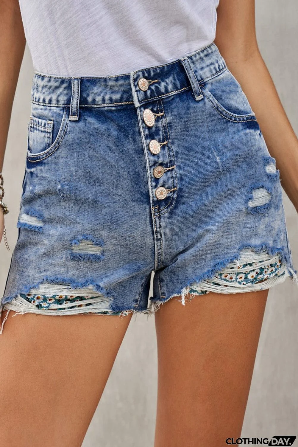 Splicing Button Fly Distressed Denim Shorts