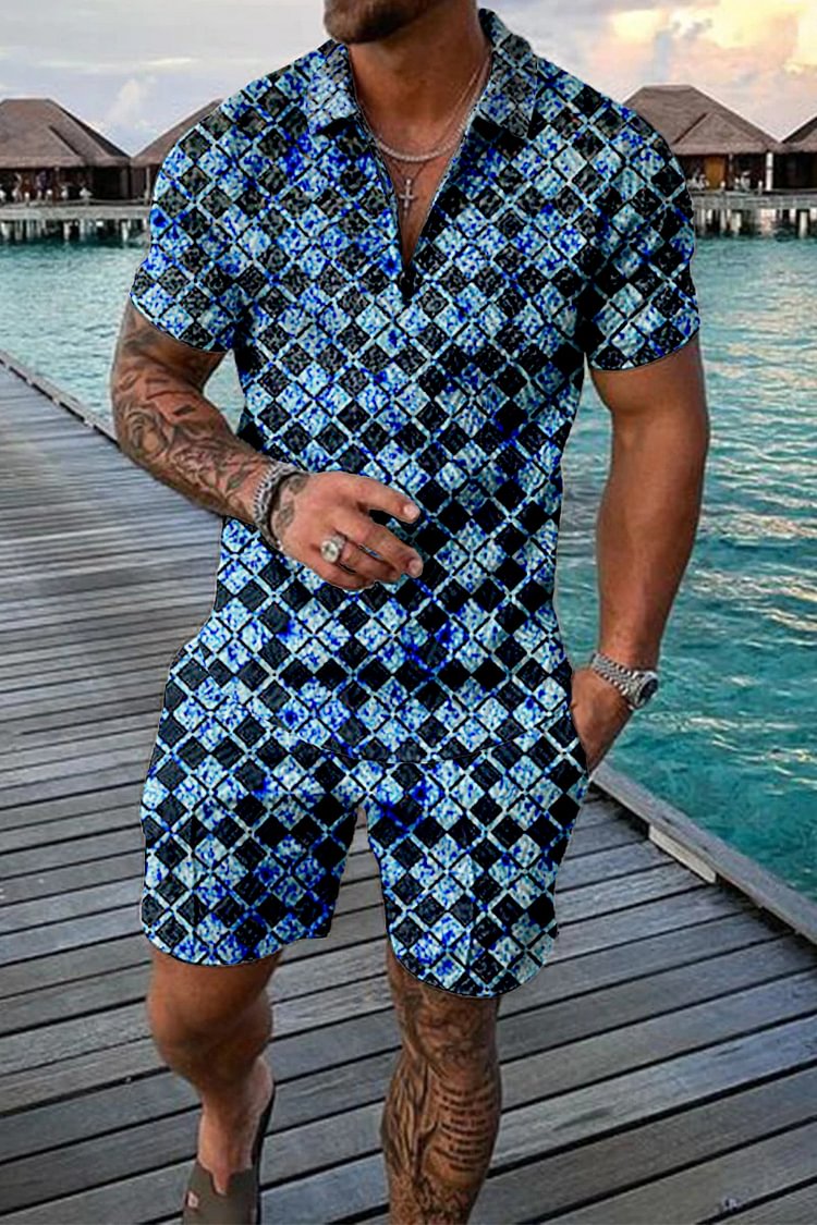 Check Printing Short Sleeve Polo Suit