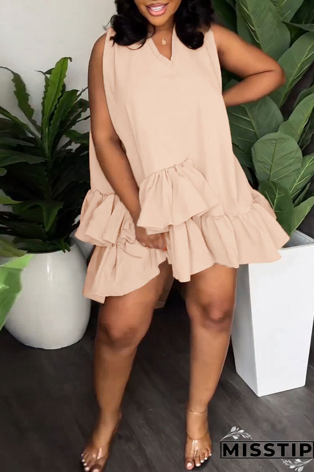 Orange Casual Sweet Solid Patchwork Flounce With Belt Asymmetrical V Neck A Line Dresses