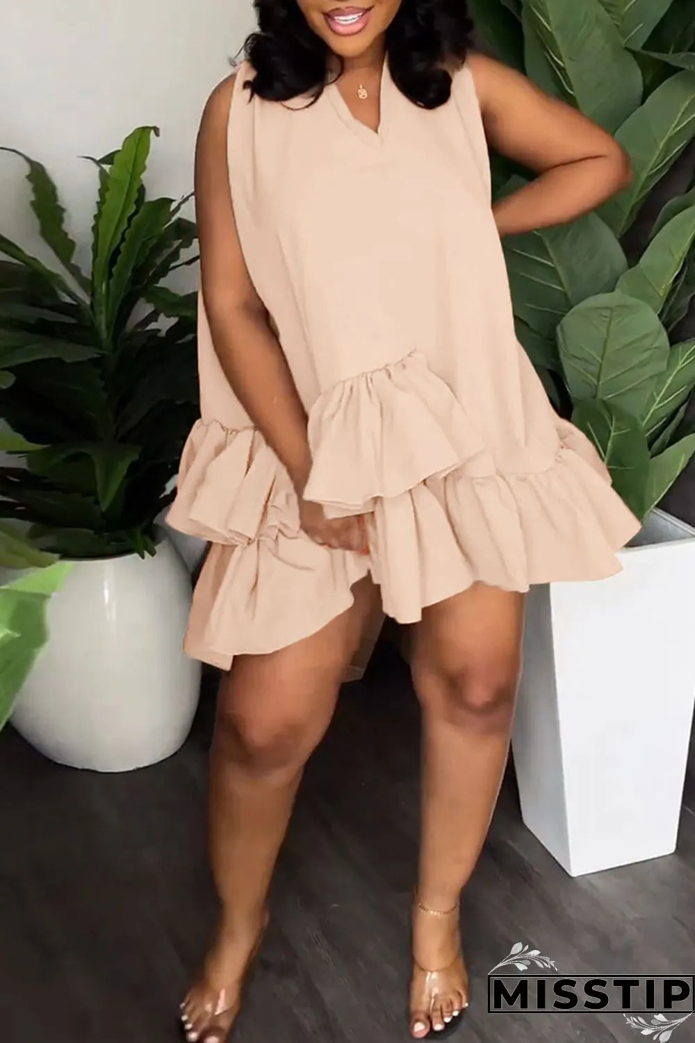 Orange Casual Sweet Solid Patchwork Flounce With Belt Asymmetrical V Neck A Line Dresses