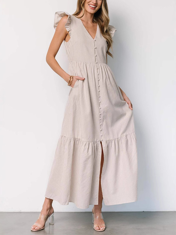 Striped V Neck Single Breasted Maxi Dress
