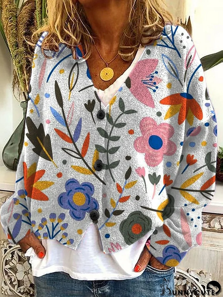 Stylish Art Floral Print Plush Cardigan