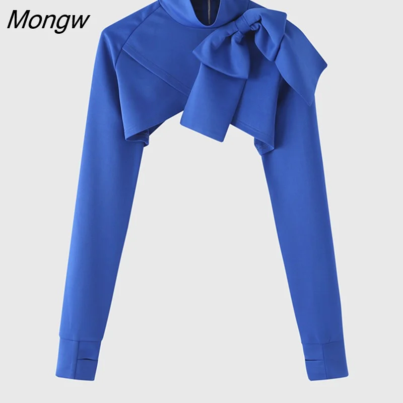 Mongw Men T Shirt Turtleneck Long Sleeve Sexy Bow-knot Irregular Crop Tops 2023 Solid Color Streetwear Stylish Camisetas S-5XL