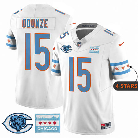 Men's Chicago Bears #15 Rome Odunze White City Edition With Chicago Flag Vapor F.U.S.E. Untouchable Limited Jersey