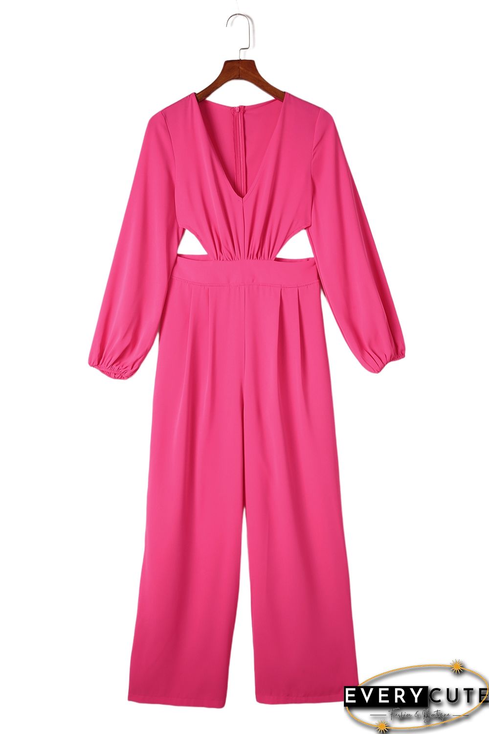 Red V Neck Bubble Sleeve Cut out Waist Wide Leg Jumpsuit