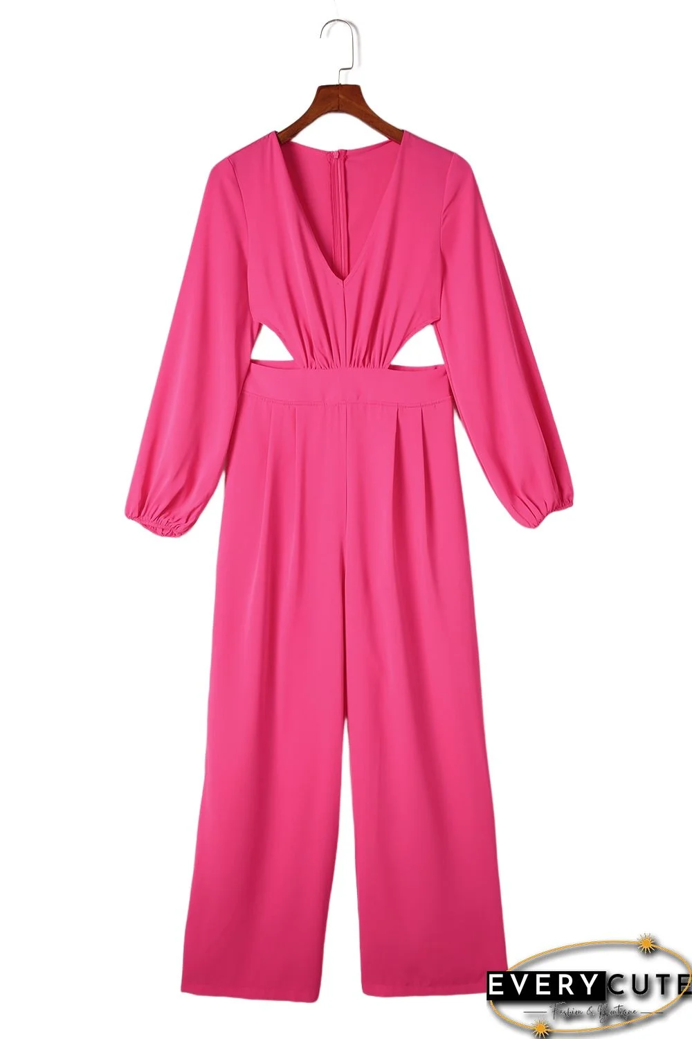 Red V Neck Bubble Sleeve Cut out Waist Wide Leg Jumpsuit