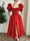 Square-Neck Puff Sleeve Split-Front Backless Party Midi Dress