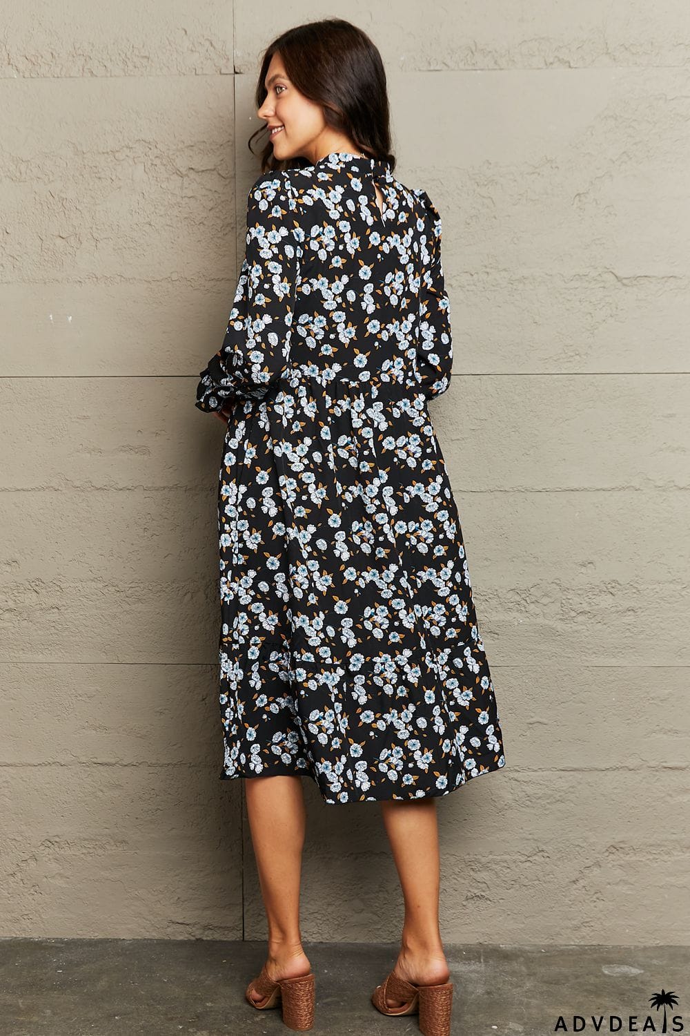 Printed Round Neck Flounce Sleeve Dress