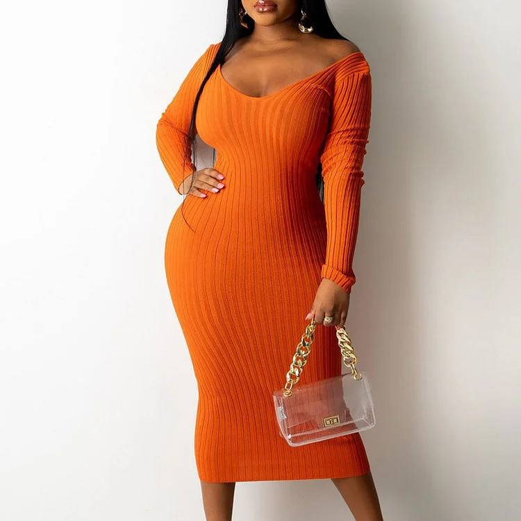 Solid Off Shoulder Long Sleeve Ribbed Dress - IRBOOM Fashion Clothing