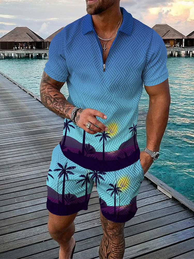 Men's Coconut Tree Printed  Zip Polo Shirt and Shorts Two-Piece Suits