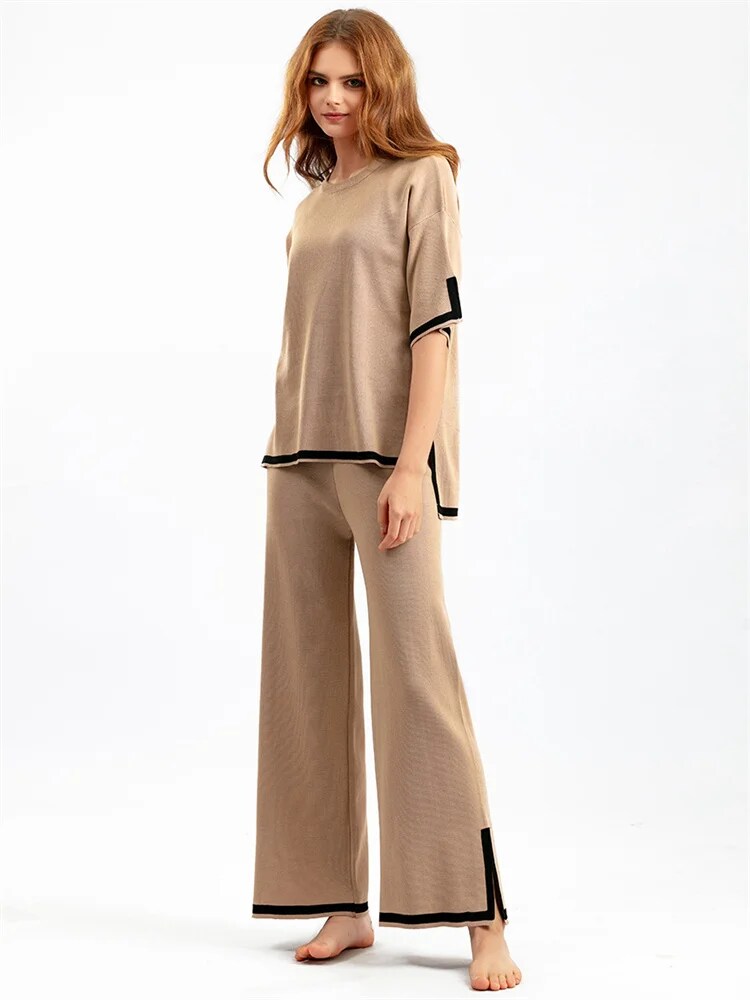 Ootddress Contrast Knit Trousers 2 Piece-Set Female Slim Patchwork Loose Casual Streetwear Pullover And Wide Leg Women's Pants Sets