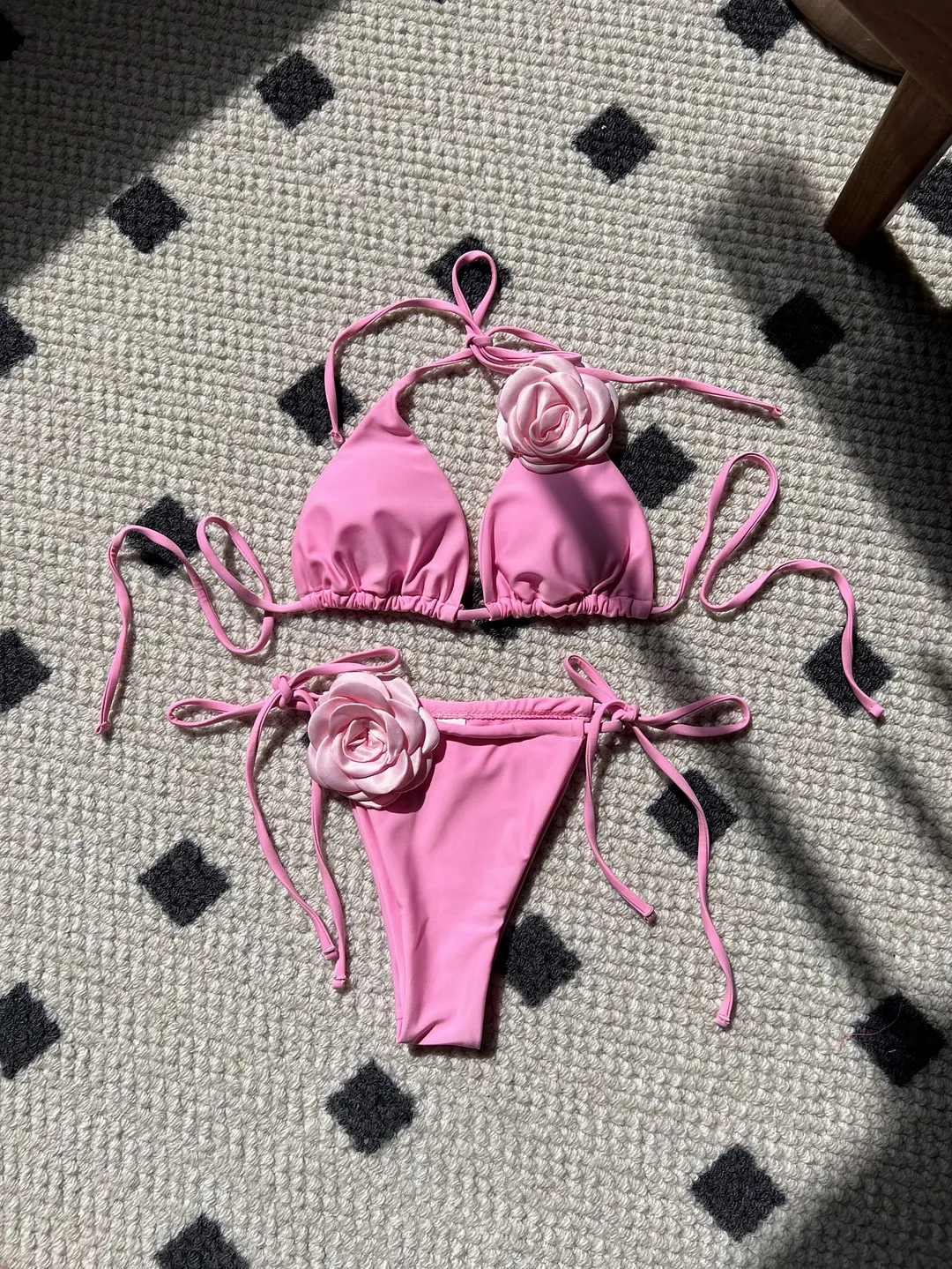 Churchf 2024 European New Solid-Color Rose Drawstring Split Swimsuit Bikini9187