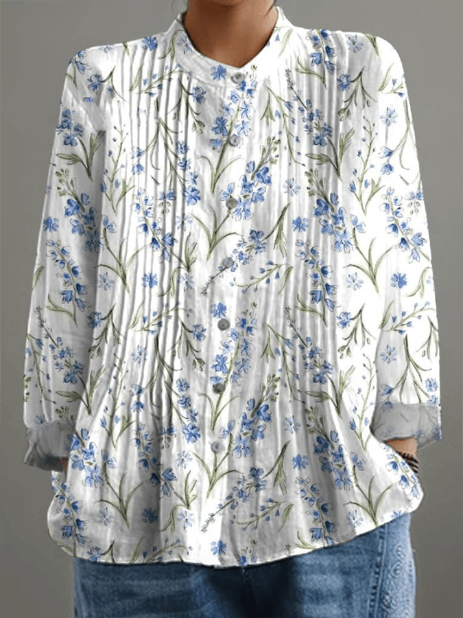 Women's Vintage Botanical Floral Art Print Pleated Design Shirt 