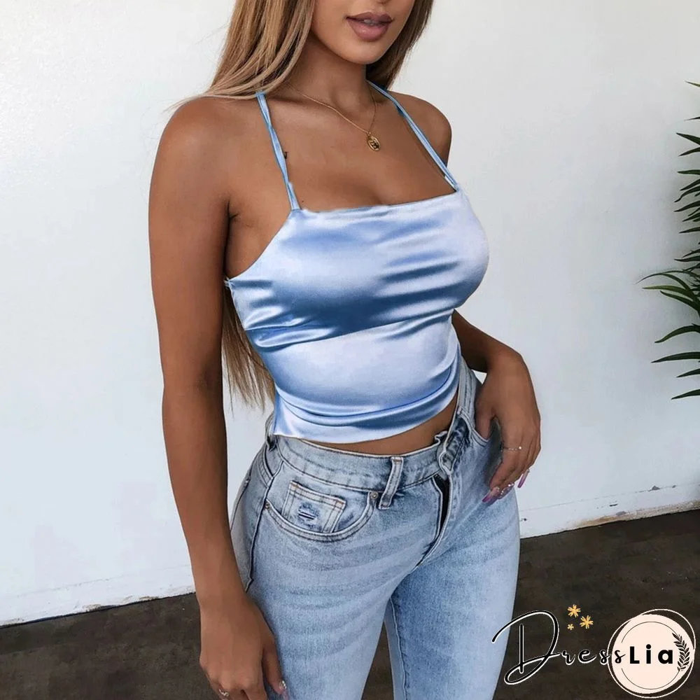 High Quality New Fashion Women Sexy Style Satin Silk Backless Back Bandage Vest Blouse Tops Strappy Summer Beach Cami Tank