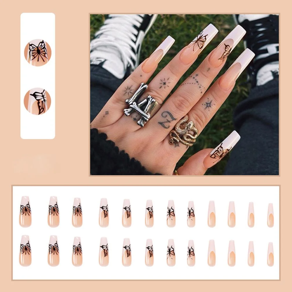 24pcs/Box Detachable Wavy lines nail Long Ballerina False Nails Wearable Coffin Fake Nails Full Cover Nail Tips Press On Nails-Nail Inspo