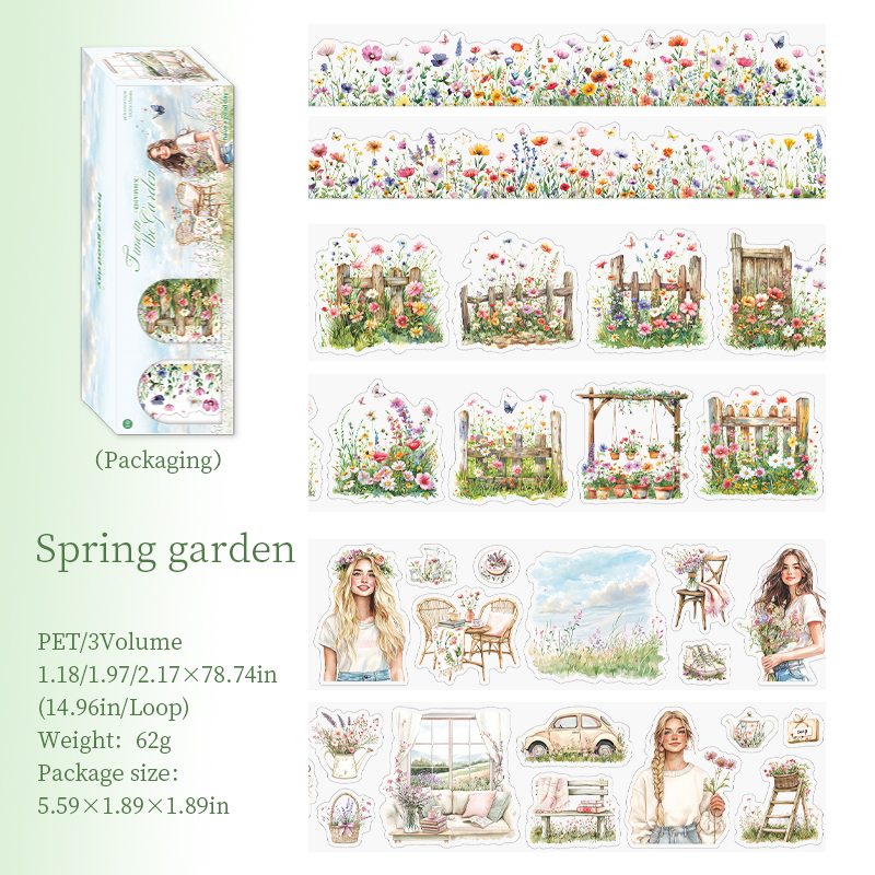 PET Tape - 3 Rolls/set Time in The Garden Series Vintage Flower Character Landscape 