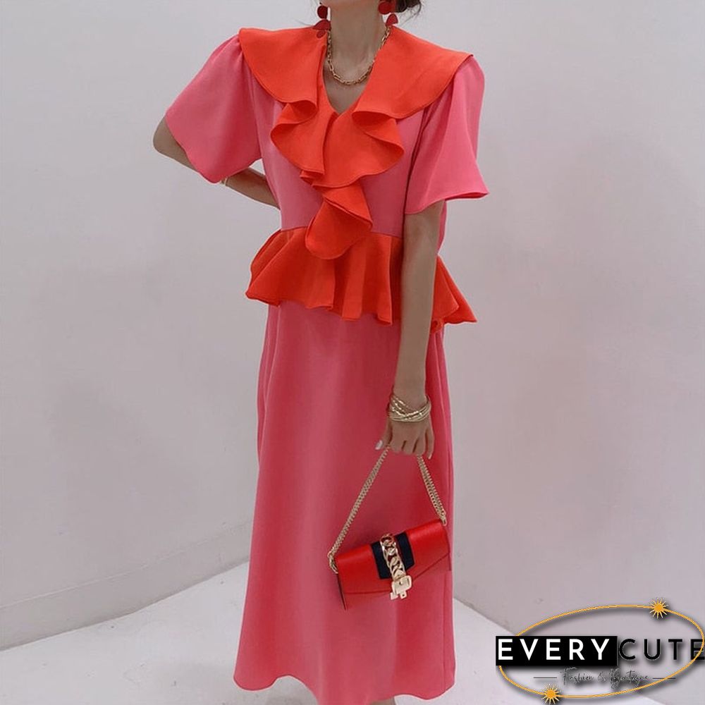 French elegant design sense ruffled contrast color dress women