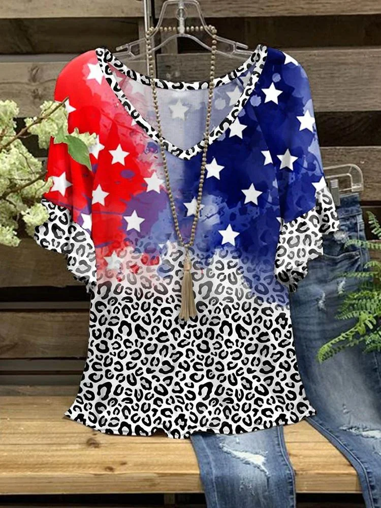 V-neck Panelled Leopard Print Short-sleeved T-shirt