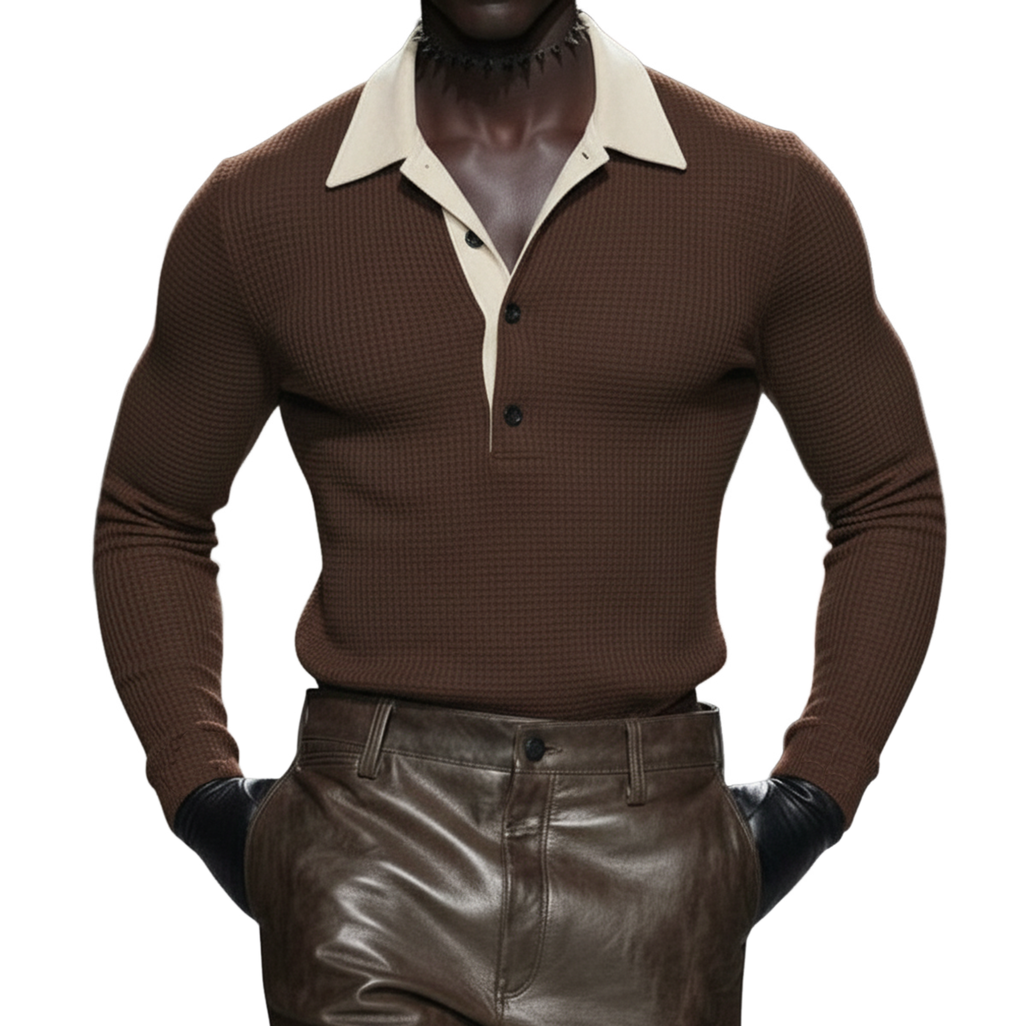 Men's Classic Casual Faux Suede And Waffle-knit Patchwork Slim-fit Long-sleeved Polo Shirt