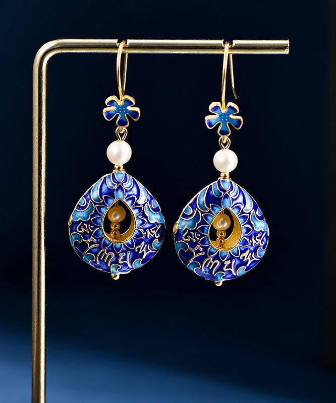 Retro Blue Sterling Silver Overgild Pearl Floral Cloisonne Enamel Drop Earrings