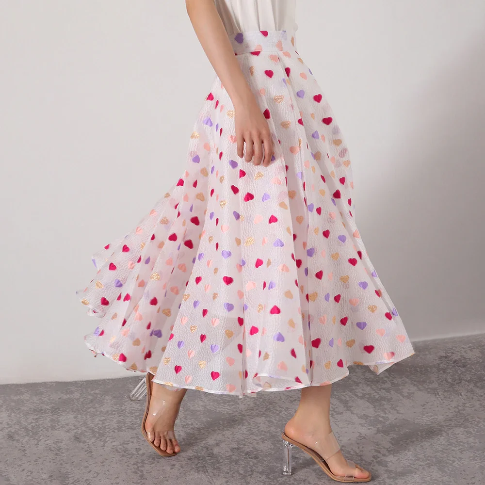 Cartoonh Sweet Petite Heart Print Midi Skirt For Women High Waist A Line Colorblock Long Skirts Female Clothing Summer New