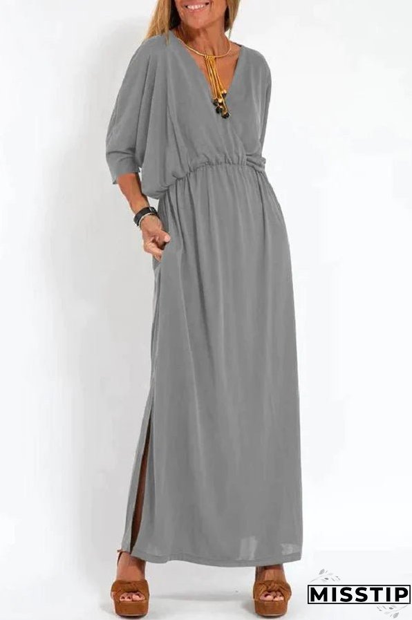 Ultimate Comfort Elastic Waist Half Sleeve Pocketed Slit Maxi Dress