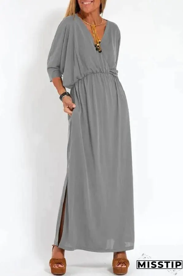 Ultimate Comfort Elastic Waist Half Sleeve Pocketed Slit Maxi Dress