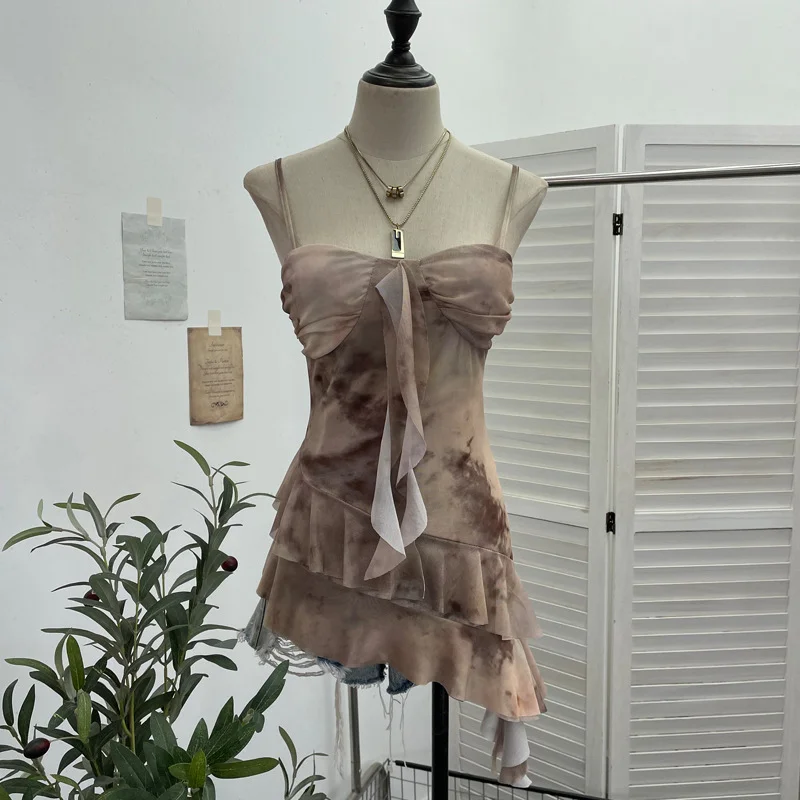 Uveng Real Shooting 2025 Spring And Summer New With Chest Cushions Dyed Mesh Sling Sling Vest Irregular Lotus Leaf Side Top 1139