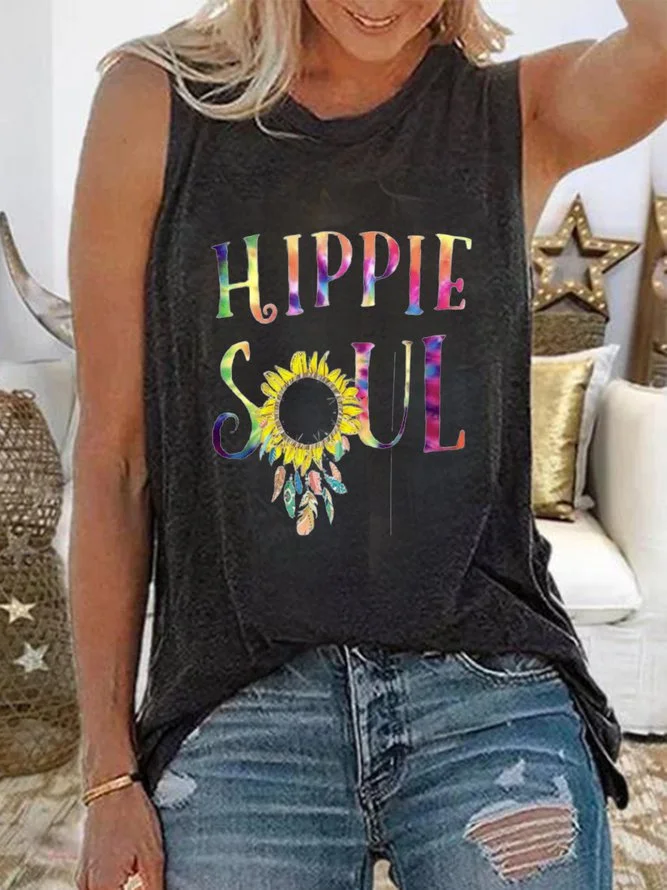 Black Printed Sleeveless Round Neck Tops