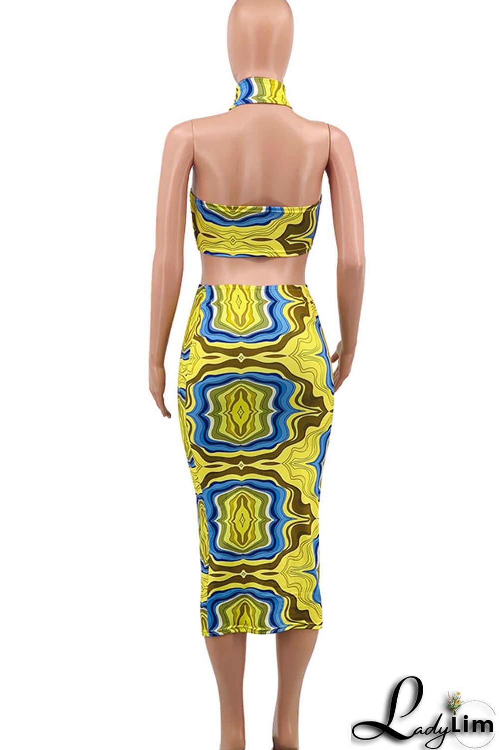 Royal Blue Sexy Print Patchwork Halter Plus Size Two Pieces