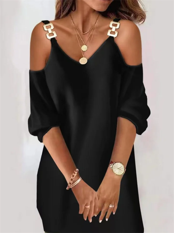Casual Loose V-neck Mid-sleeve Women's Black Dresses | 168DEAL
