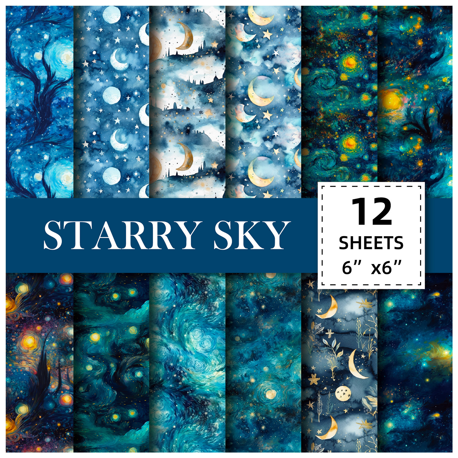 Starry Blue Skies Scrapbook Paper Pack - 12 Sheets for Beautiful DIY Craft & Journal Projects,  6-Inch Patterned Cardstock